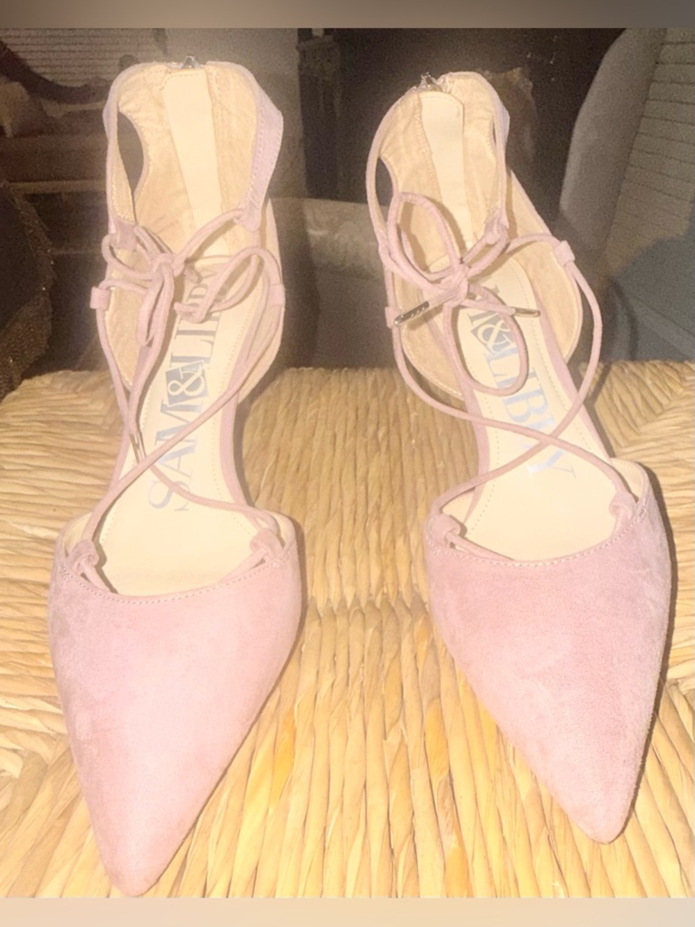 Sam & Libby Blush Pink Suede Pointed-Toe Lace-Up Heels